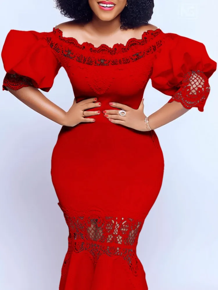 African Dresses For Women Evening Party Gown Off Shoulder Puff Sleeve Lace Splice Mermaid Dress Elegante Robe African Dashiki