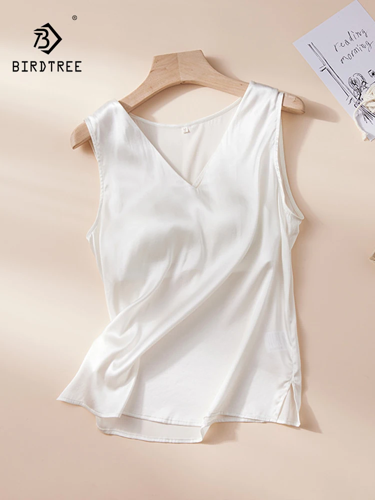 

BirdTree, 92%Natural Silk Elegant Sling, Women With Chest Pads V Neck, Basics Thin Tank Tops, 2024 Summer Autumn New T48566QC