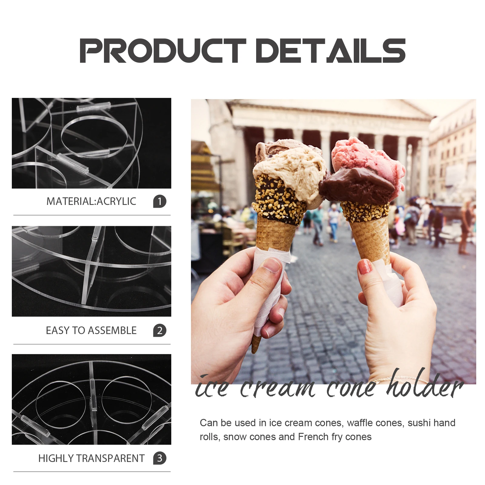 

Clear Acrylic Ice Cream Cone Holder Stand Transparent Food Display Stand For Cupcakes Waffle Sushi Rolls Party Wedding