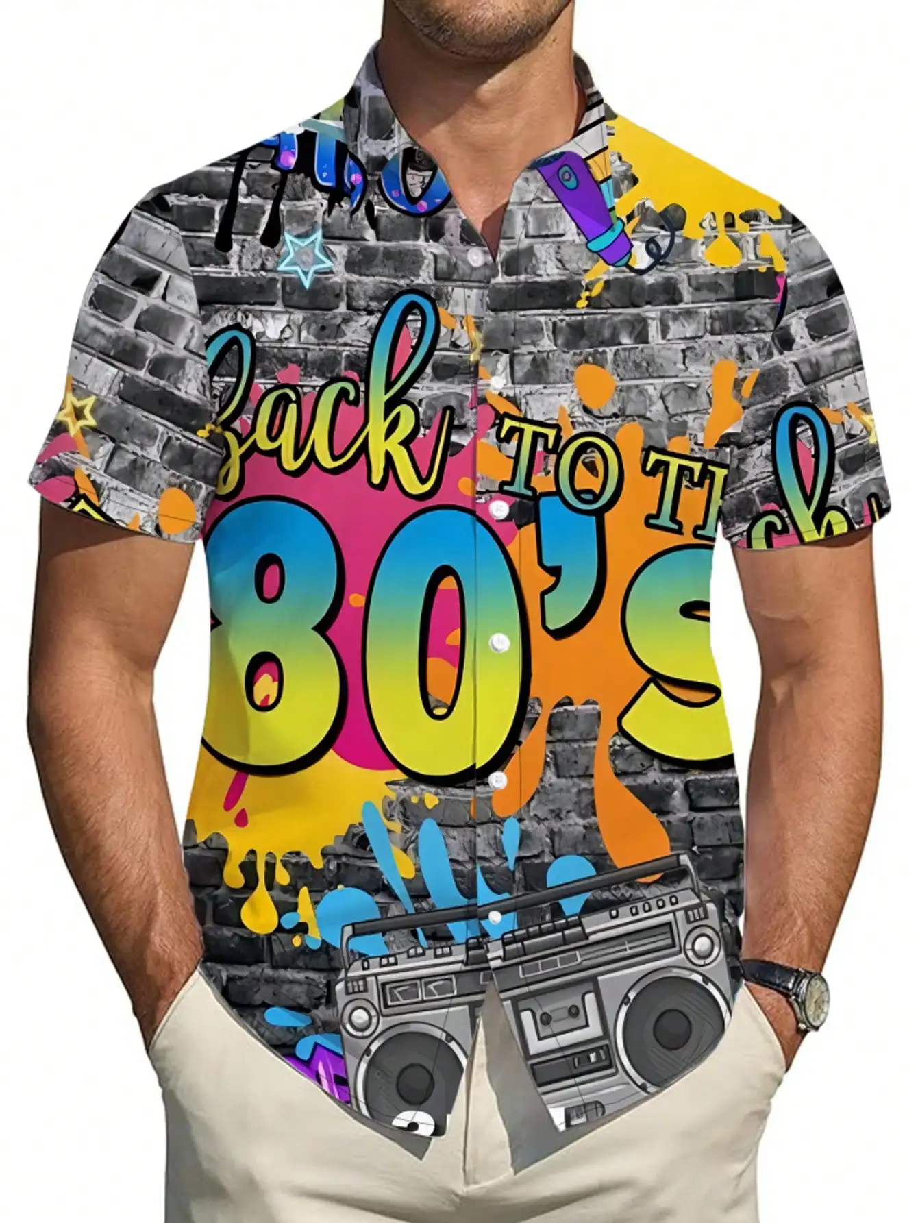 

Men's Retro 80s Graphic Print Short Sleeve Casual Shirt