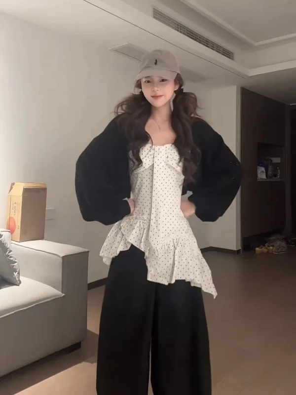 

plus Size Women's Polka Dot Knitted Hollow out Tank Top And Cardigan Two Piece Set Spring Fashion Korean Style Casual Wear
