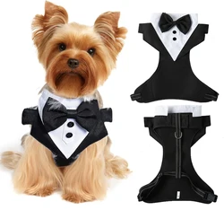 Gentleman Tuxedo Dog Harness Pet Birthday Wedding Outfit Costume Formal Dog Mesh Vest Harness with Bow Tie for Small Medium Dogs