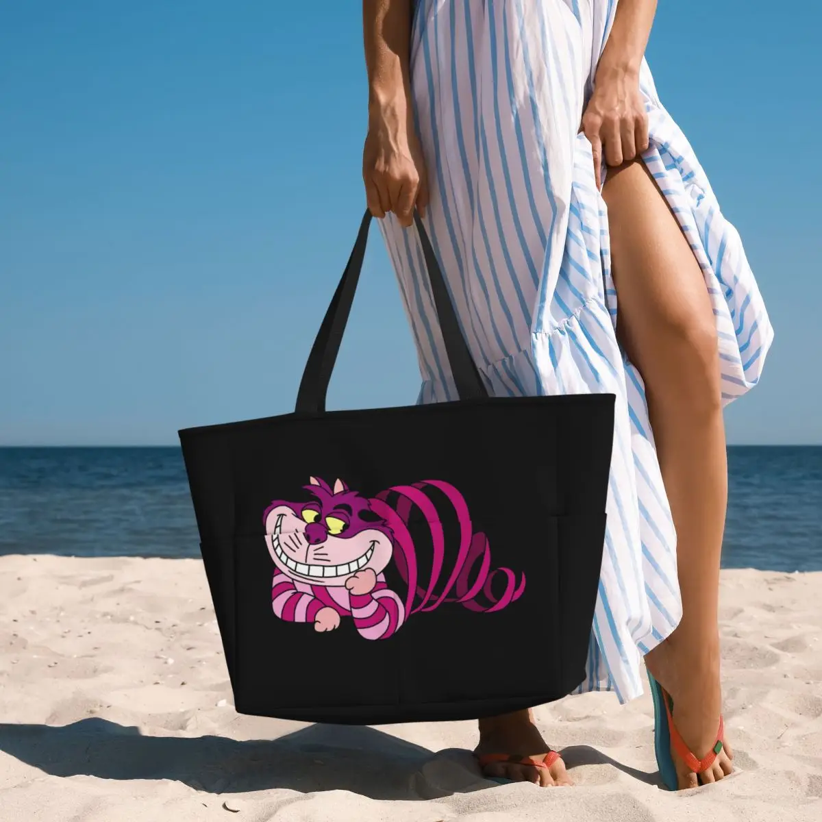 Custom Alice In Wonderland Cheshire Cat Grocery Shopping Tote Bags Women Large Capacity Cartoon Gym Beach Travel Bags