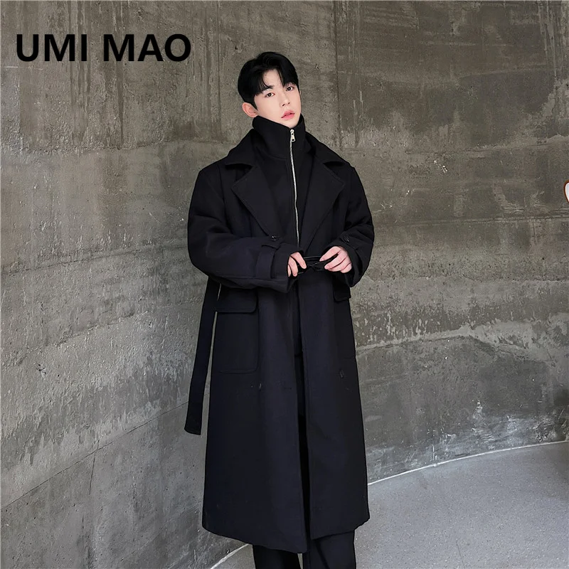 UMI MAO 2023 Winter Jackets Mens Dark New Fashion Fashion Personality Fake Two Loose Casual Woolen Long Coat Y2K Clothes