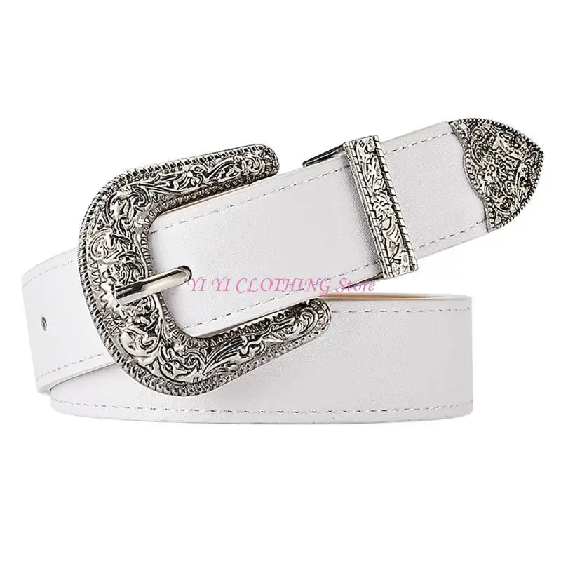 

N5KF PU поясные ремни для джинсов и брюк с цветочным принтом, узкий ремень с резной пряжкой, украшения для тела