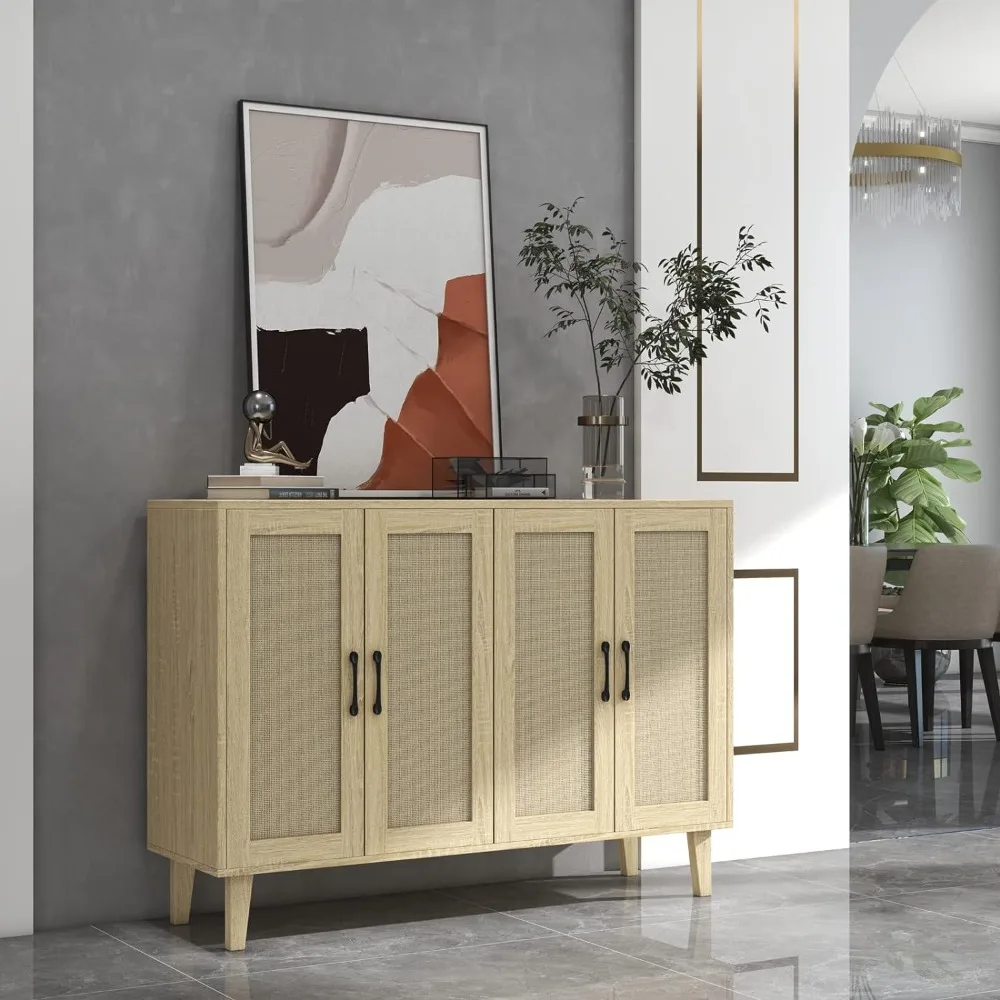 Panana Buffet Storage Cabinet con decorazione in Rattan 4 ante soggiorno cucina credenza 48.43X34.65X15 pollici