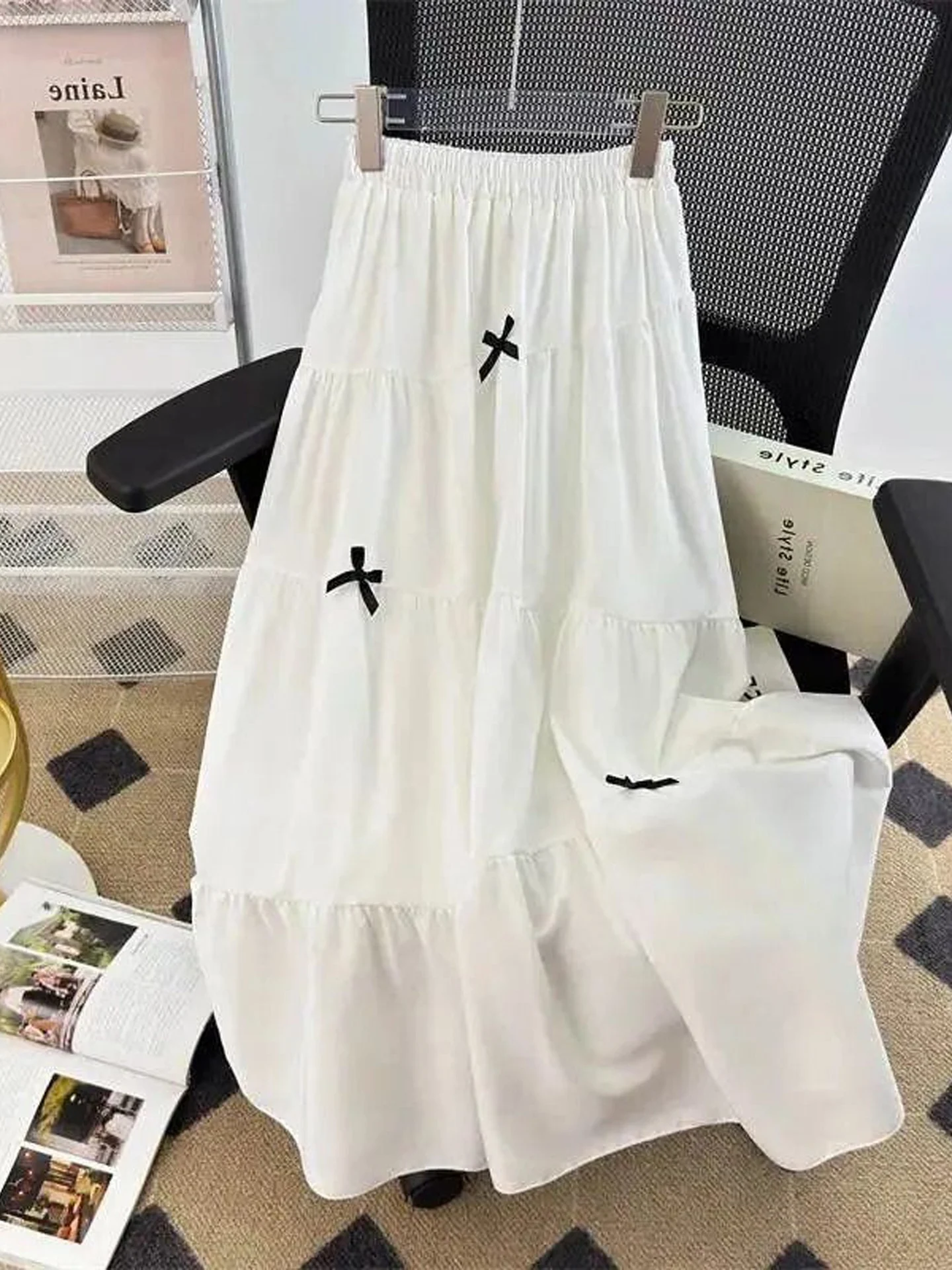 White A-Line Midi Skirt Women's Puffy Gored Skirt Slimming Pleated Umbrella Skirt Versatile Cake Skirt Korean Style High Waist