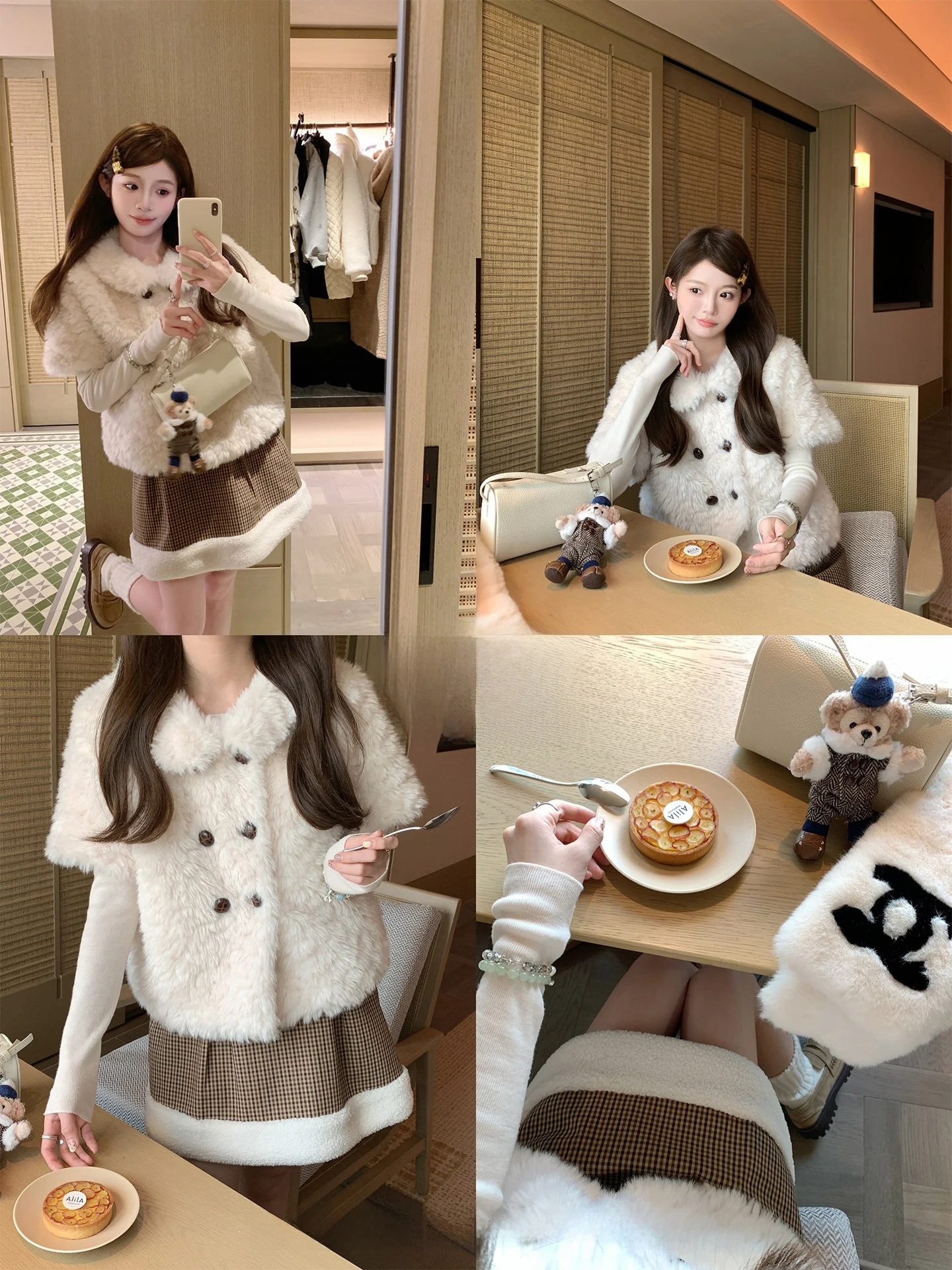 

Синий комплект из пальто и юбки из овечьей шерсти, двубортный, с вставками из кожи и меха, экологичный, в клетку