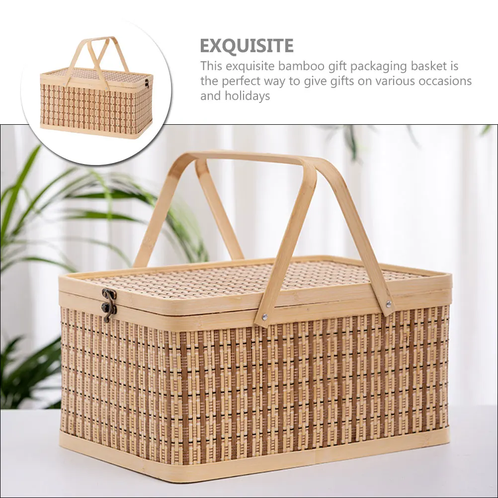 

Stylish Bamboo Storage Woven Gift Packaging With Handle Decorative Kitchen Basket For Fruits Vegetables Large Multi Use