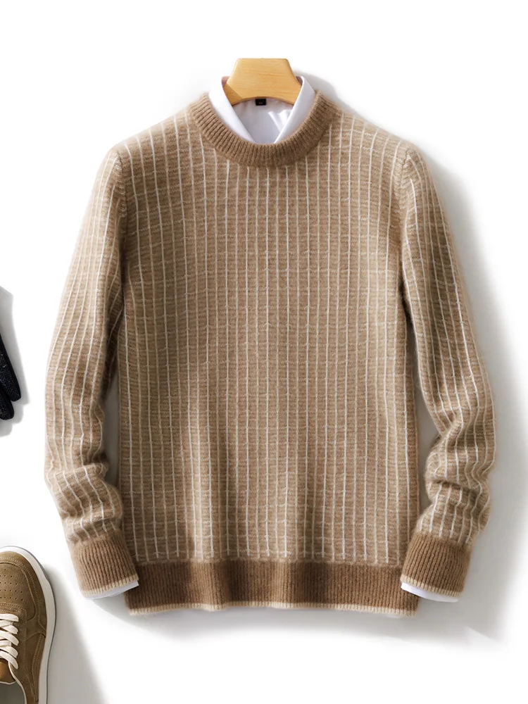 Men Wool Pullover O-neck Sweater Cashmere Autumn Winter Checkered Jacquard 100% Merino Wool Knitwear Long Sleeve Clothing Tops