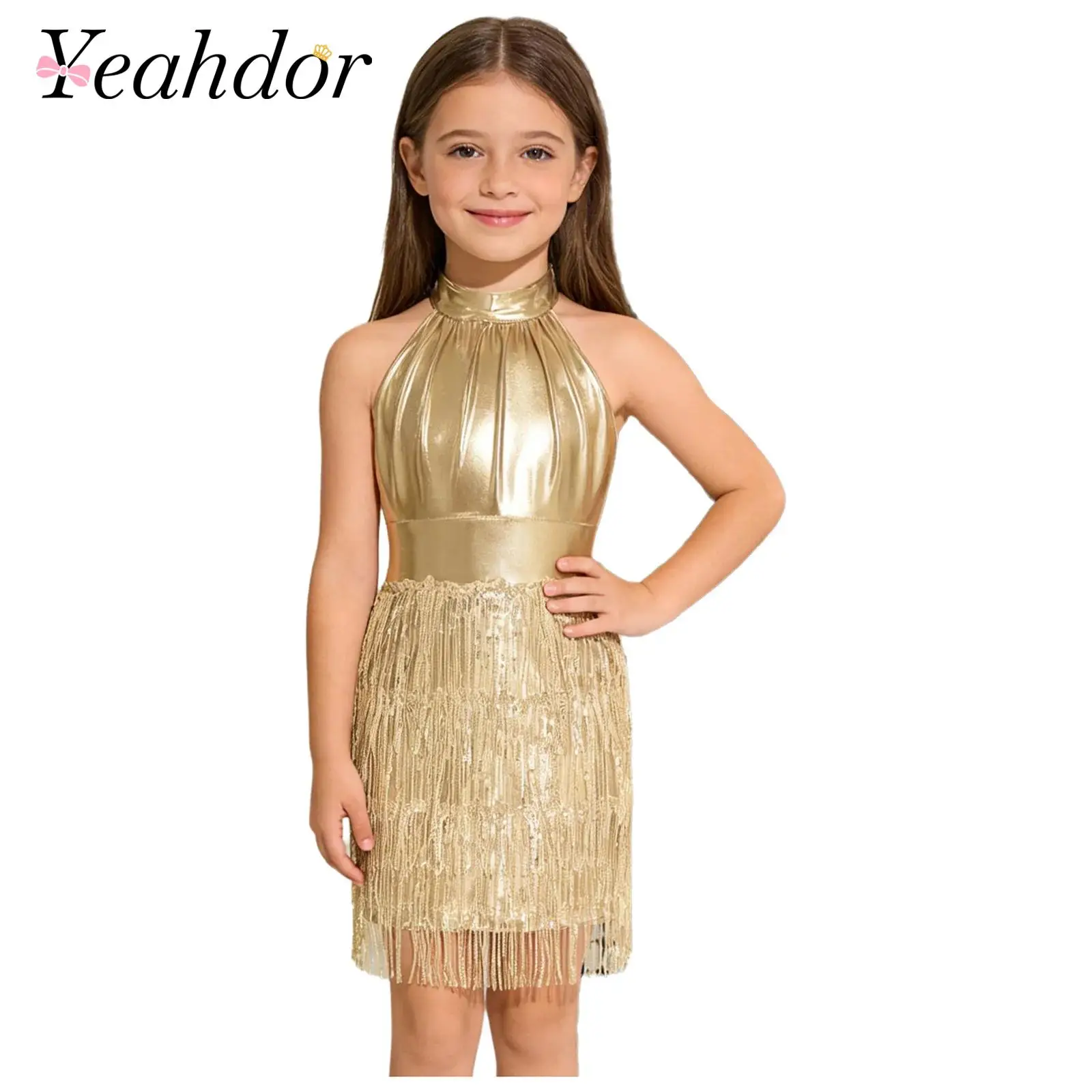 Girls Metallic Shiny Bodycon Dress Kids Sequined Tassel Dress Prom Gown Birthday Party Stage Performance Dancewear Dance Costume
