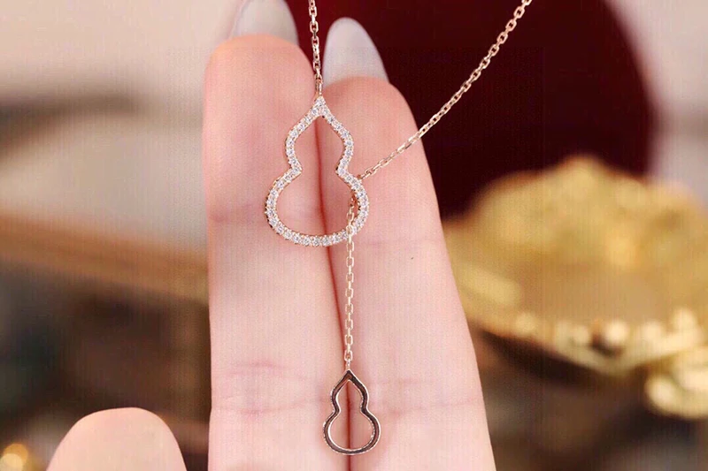 KUGG 100% 18K Rose Gold Necklace Luck Gourd Design 0.20carat Real Natural Diamond Pendant Necklace for Women Wedding Jewelry