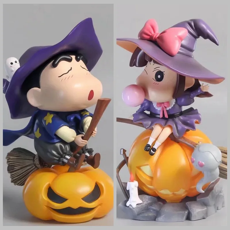 

Crayon Shin Chan Halloween Cartoon Anime Figure Kawaii Pumpkin Handmade PVC Model Night Light Magician Kids Toy Decoration