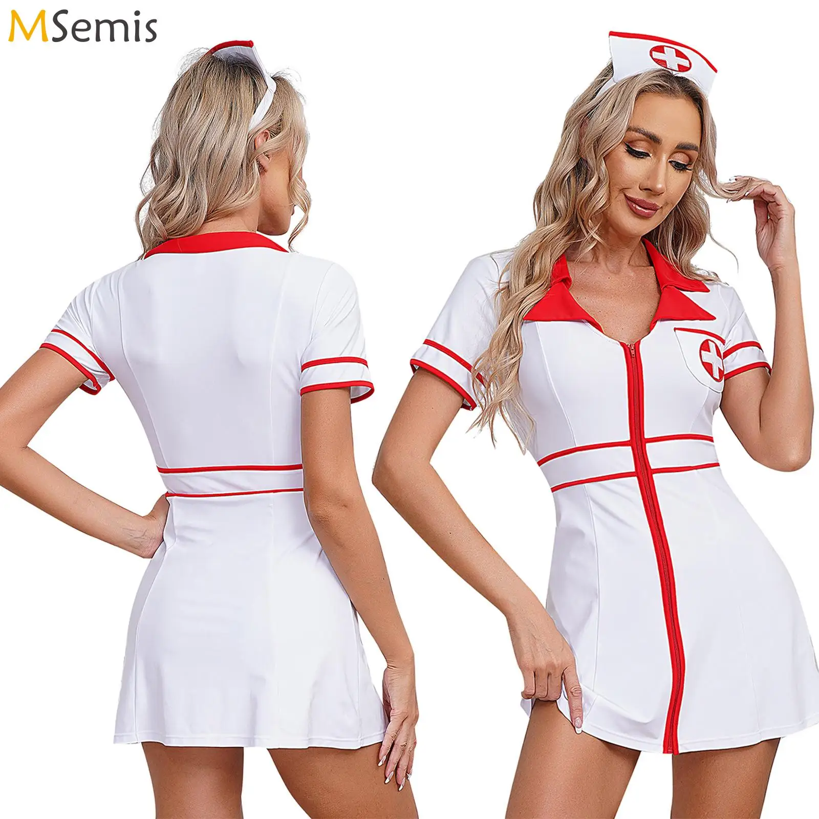 

Women Nurse Uniform Short Sleeve Cross Dress with Headwear Ghost Nurse Death Costume for Halloween Cosplay Doctor Maid Outfit