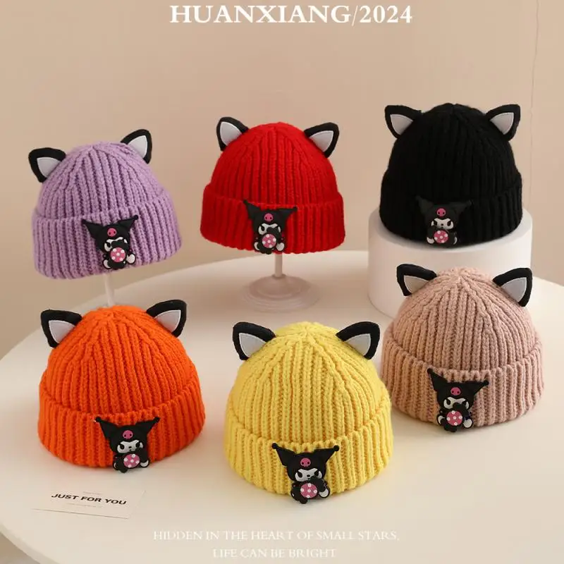 Anime Cartoon Kuromi Autumn and Winter Knitted Hat with Ears Kawaii Student Outdoor Cold-Proof and Warm Thickened Pullover Hat