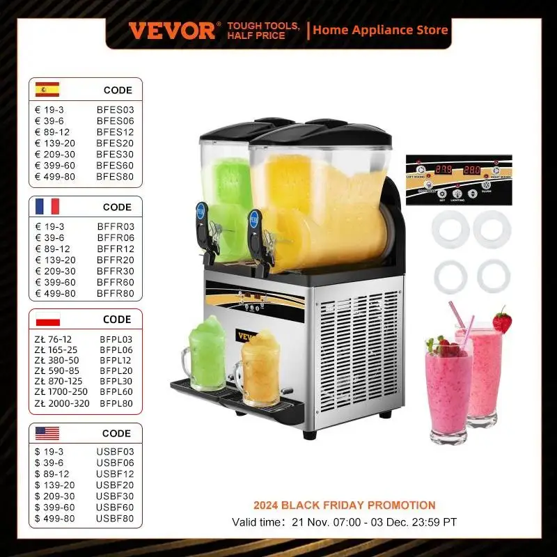 VEVOR Commercial Slushy Machine 15L Double Tank Margarita Machine Stainless Steel Frozen Drink Machine Perfect for Cafes Bars