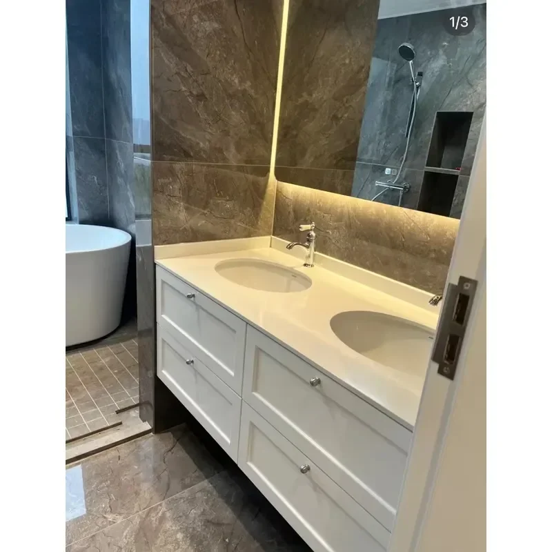 French Style Bathroom Vanity Cabinet with Washbasin Countertop Rock Slab Marble Integrated Sink Modern Design for Home Bath