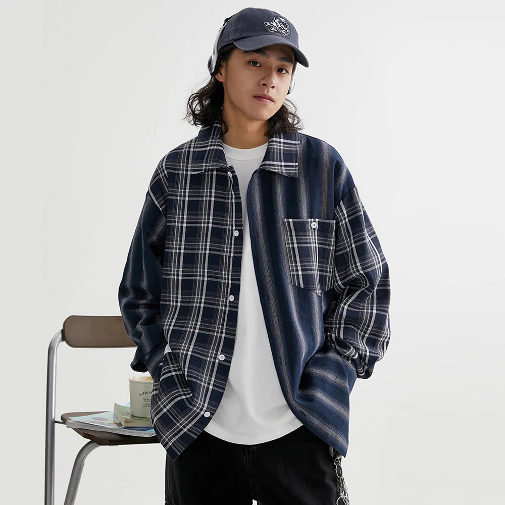 Men Streetwear Fashion Stripe Splice Plaid Vintage Loose Casual Long Sleeve Shirts Man Cityboy Oversized Blouses