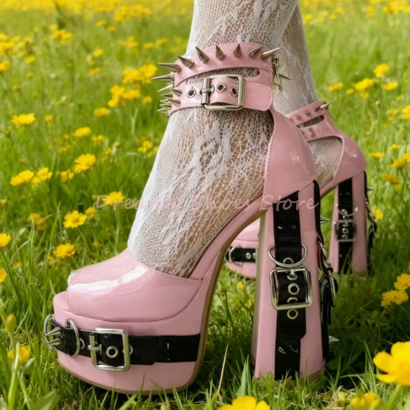 

Pink Rivets Belt Buckle Chunky Heel Pumps Women Open Toe Platform Patent Leather Sandals Sexy Punk Party Club Ladies Summer Shoe
