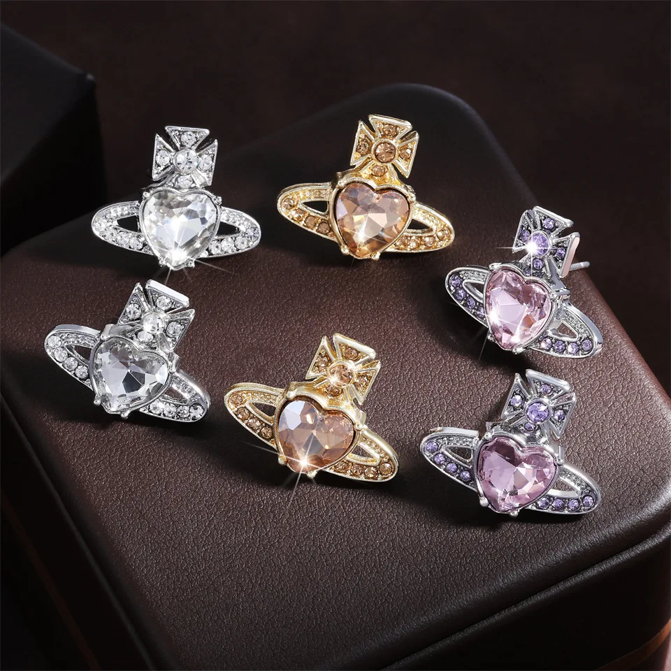 2024 Fashion Trendy Heart Zircon Planet Stud Earrings for Women Girls Sweet Cute Birthday Gift