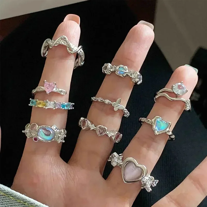 Adjustable Crystal Rings Y2K Pink Irregular Geometry Vintage Bowknot Heart Ring Set for Women Girl 2023 New Fashion Jewelry Gift