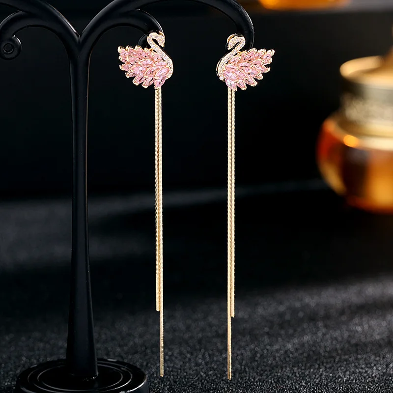 

Luxury 925 Sterling Silver Drop Earrings, Handmade Tassel Swan Long Dangle Jewelry, Hypoallergenic Gift for Women Wedding