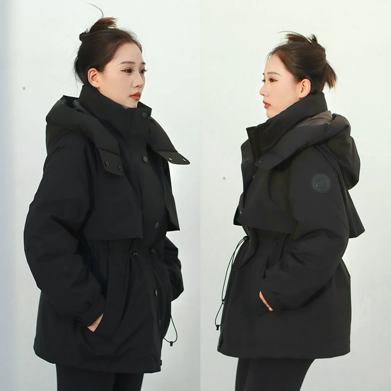 Chericom Winter Down Jacket Stand-up Collar Attached Hood Waist Drawstring Side Angled Insert Pockets Women's Outerwear Y308060Y