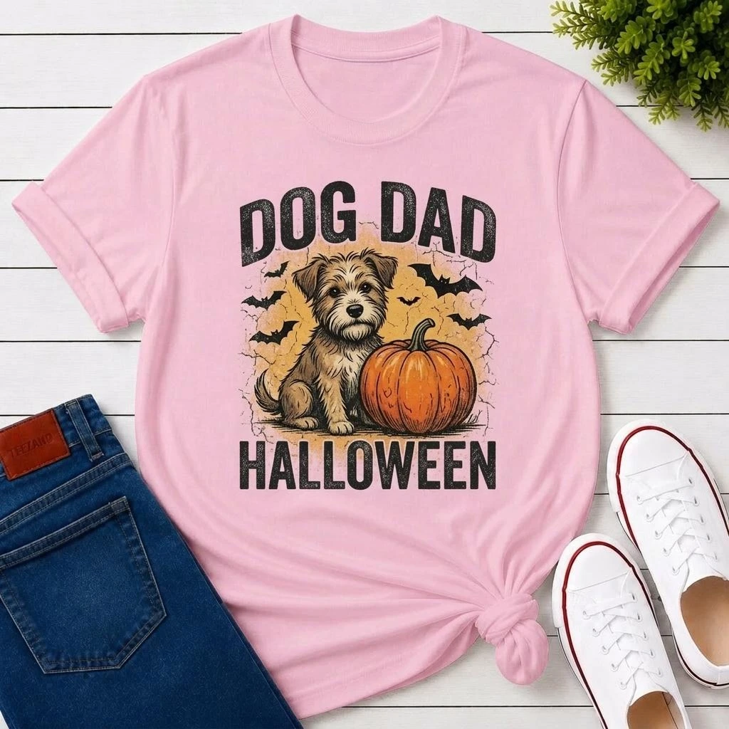 Dog Dad Terrier Pumpkin Halloween Graphic Tee Unisex Crew Neck Spooky Fall Dog Owner Pet Parent Casual Autumn Streetwear Tops