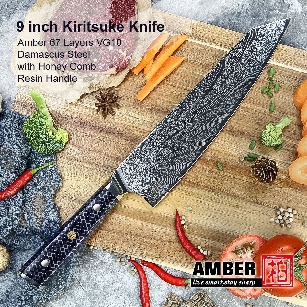 Amber 67-layer Damascus Steel Kitchen Knife set VG10 Core Chef Knife Honey Comb Resin Handle Japanese Santoku Meat Slicing Knife