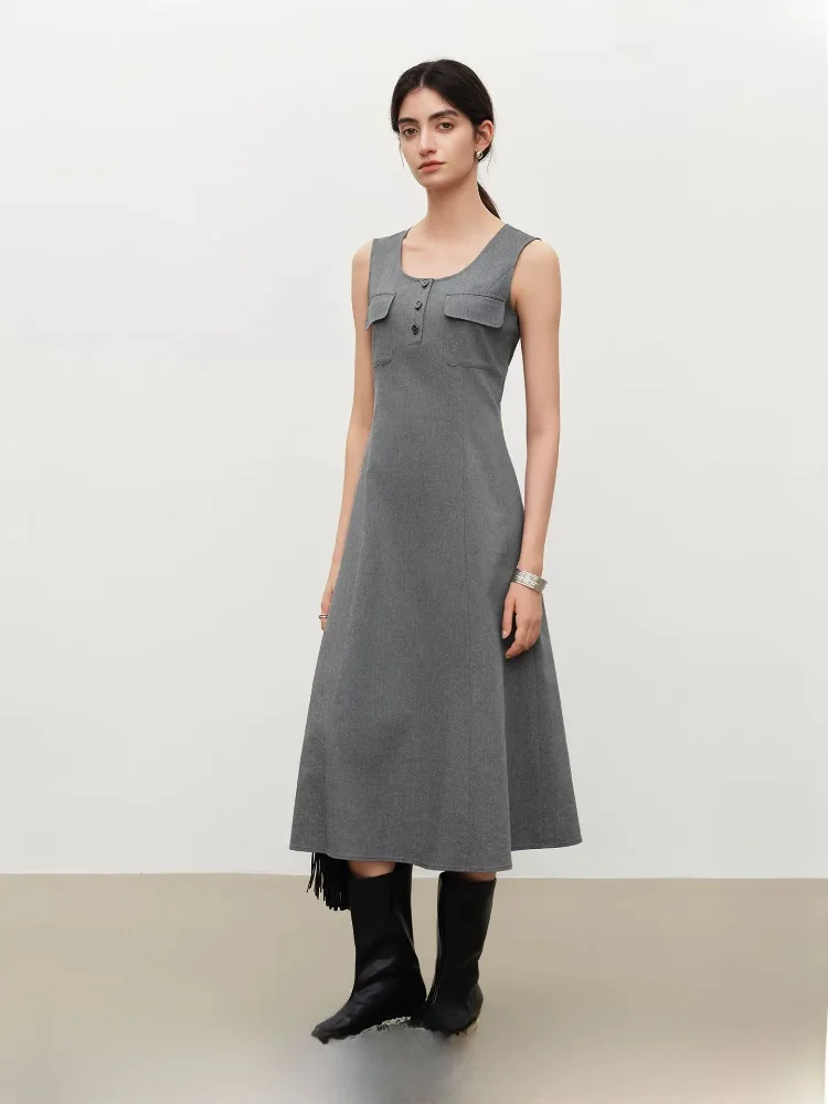 

Simple Elegant U-Neck Waist-Cinching Long Dress Women's New Style Workwear Wind Break Stitch Cotton Blend Summer Dress