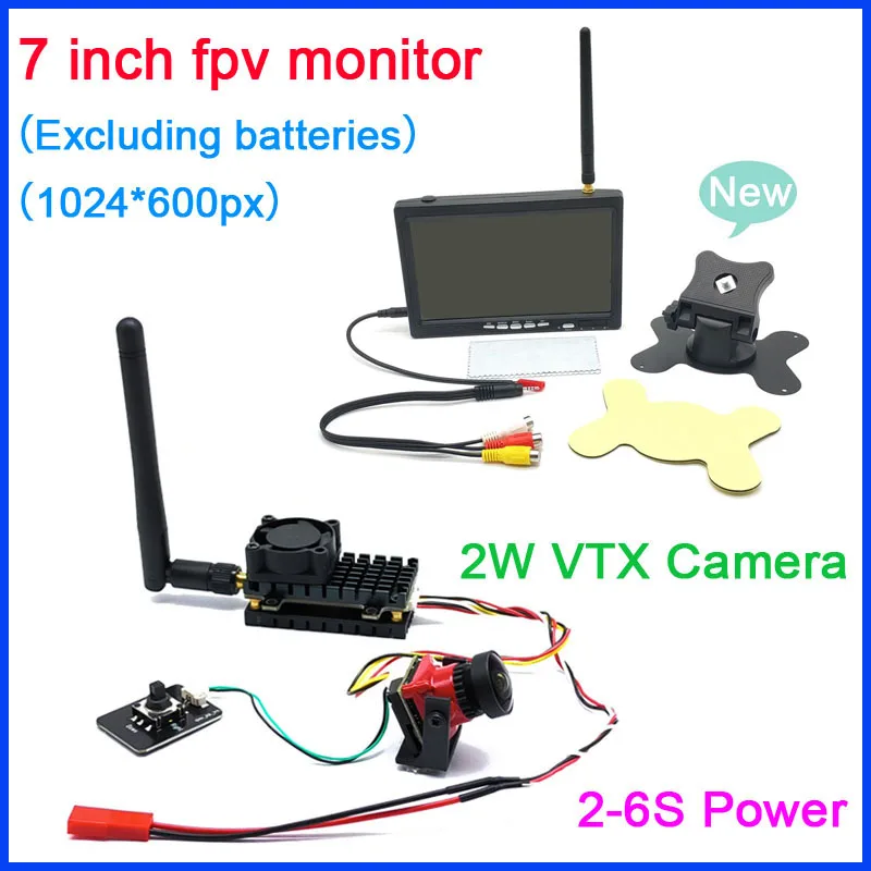 장거리 5.8Ghz 48CH 2W VTX 송신기 1200TVL 1.66mm fpv 카메라, 7 인치 1024*600 TFT LCD 스크린 모니터, RC 재생 부품