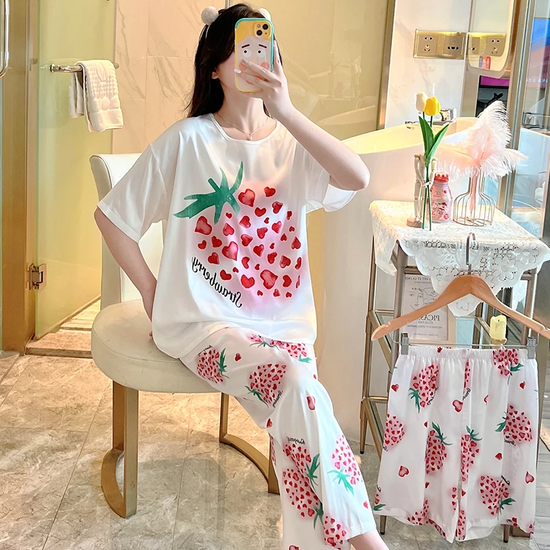 Strawberry Sleepwear Silk Pajamas for Women Summer Home Suit Short Sleeve Elegant Stain Tops Pants Set Stain Female Homewear