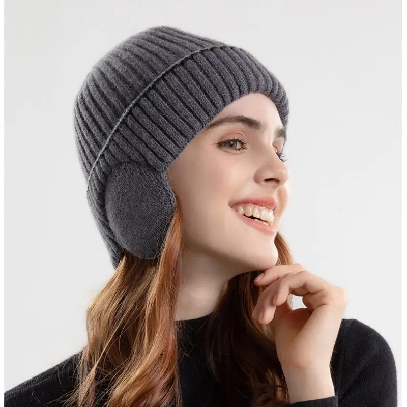 Outdoor Winter Knitted Hat Men Women Plush Warm Ear Cap Earmuff Stylish Soft Casual Ski Hats Cycling Ear Protection Beanies