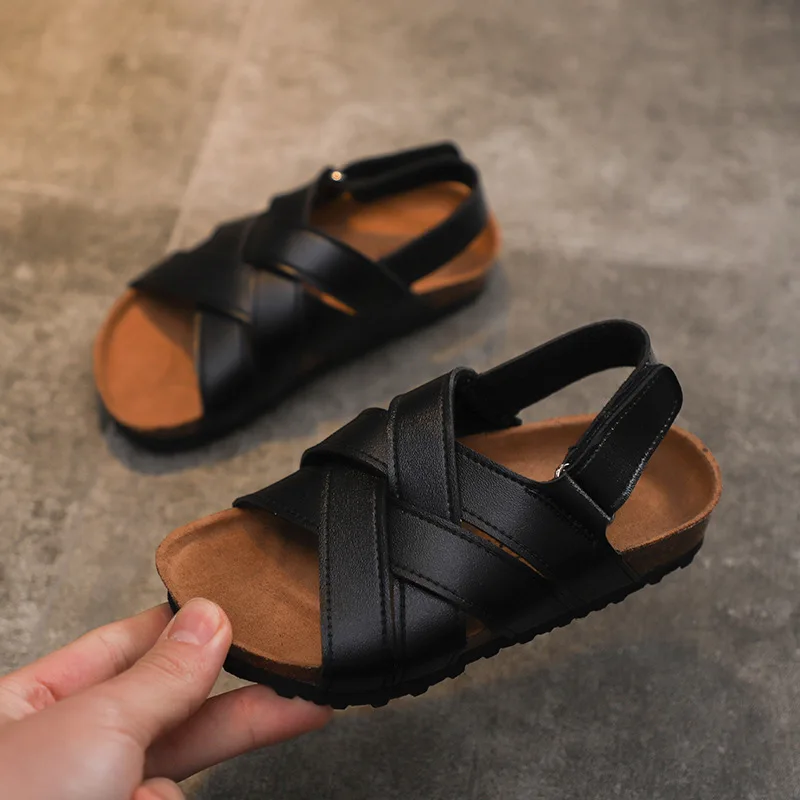 Boys Sandals Summer Kids Shoes Fashion Soft Sole Flats Toddler Casual Comfortable Beach Shoes Black White Girls Roman Sandals