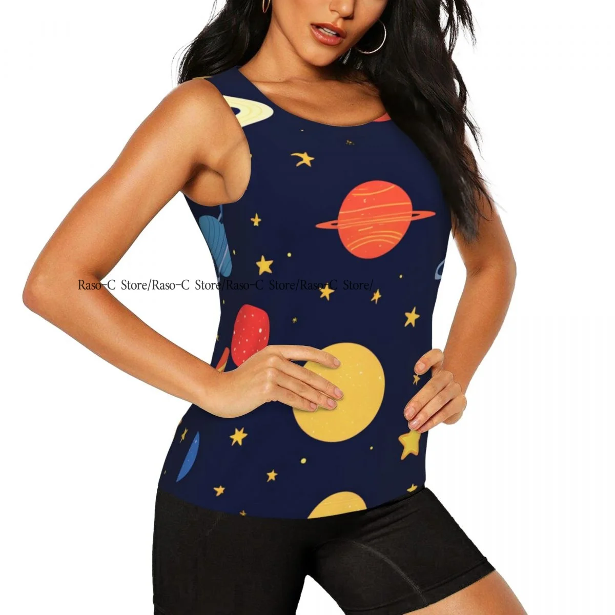 Women Sexy Vest Colorful Planets And Stars Cute Print Sleeveless Round Neck Tank Tops Female Casual Basic Camisole