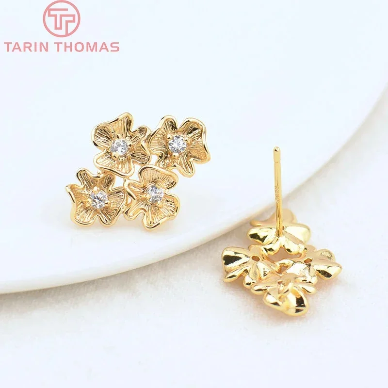 (2105)6PCS 13.5x18.5MM 24K Gold Color Brass with Zircon Flower Stud Earrings Earring Clip High Quality DIYJewelry Making Finding