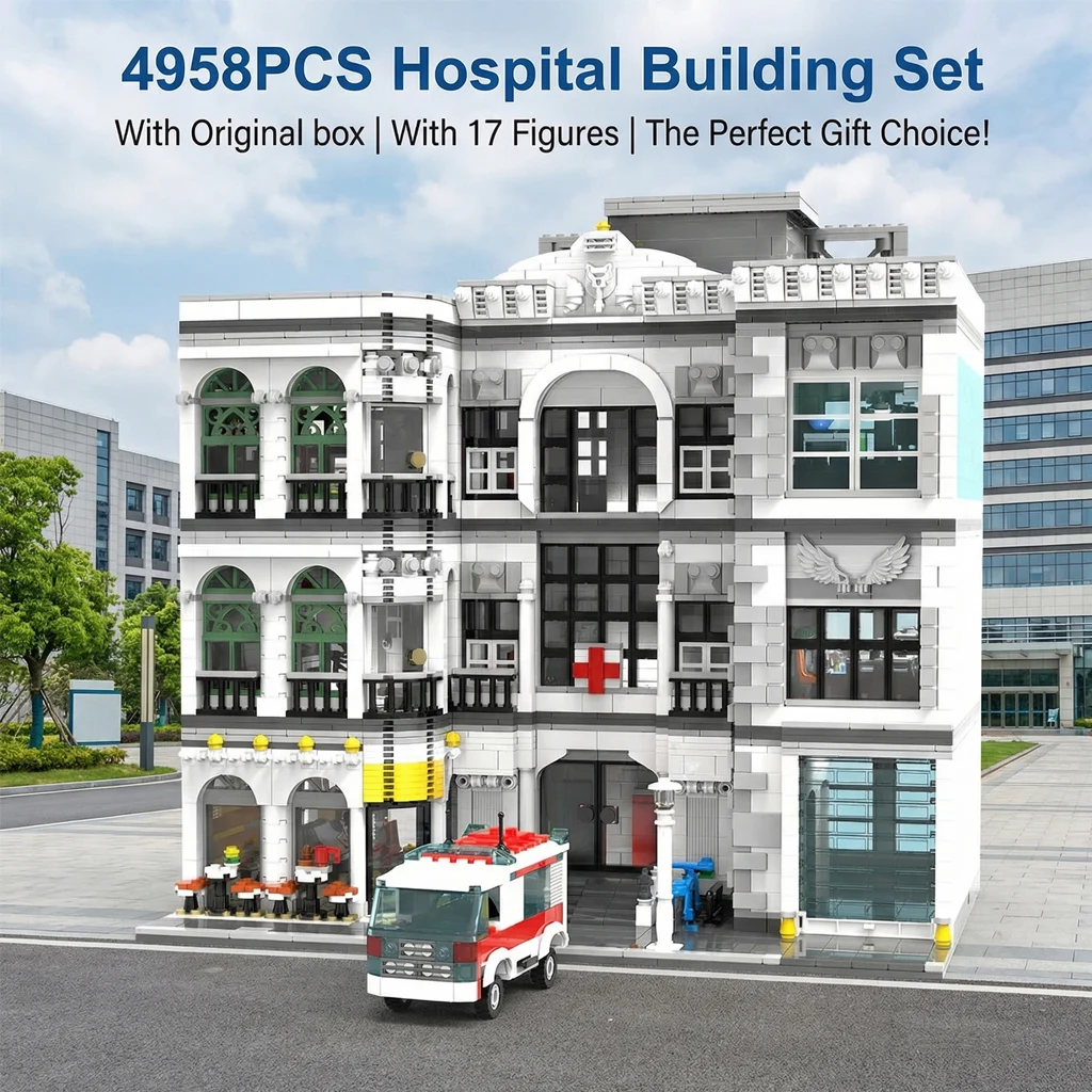 4958-teiliges Krankenhaus-Set mit 17 Figuren, Stadtansicht-Gebäude, Architektur-Bausteine, Modulares Bausatz-Modell, Spielzeug für Erwachsene, Geschenk