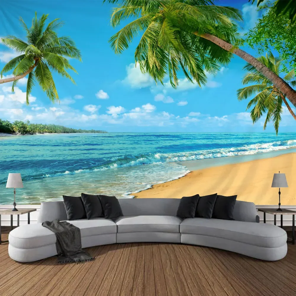 Seaside Outdoor Landscape Tapestry Blue Sky Beach Coconut Tree Tropical Nature Landscape Bedroom Wall Hanging Living Room Mural