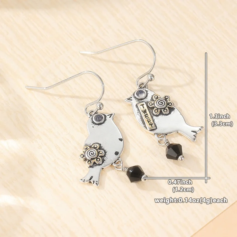 Vintage-Ohrringe für Damen, verziert mit schwarzen Steinen, ethnische silberfarbene Metall-Ohrringe mit handgeschnitztem Vogelmotiv, für Damen – Detail 3