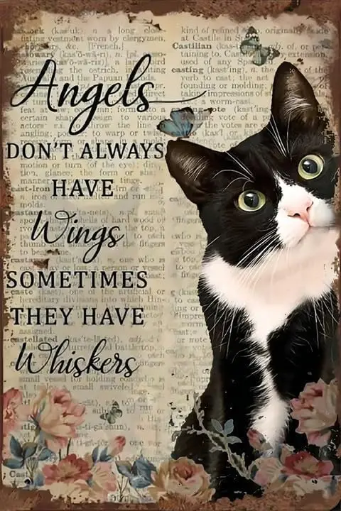 Angels Don’t Always Have Wings Metal Signs-Cat Metal Signs for Man Cave Bar Pub Club Home Wall Decor,Vintage Black and White Tux