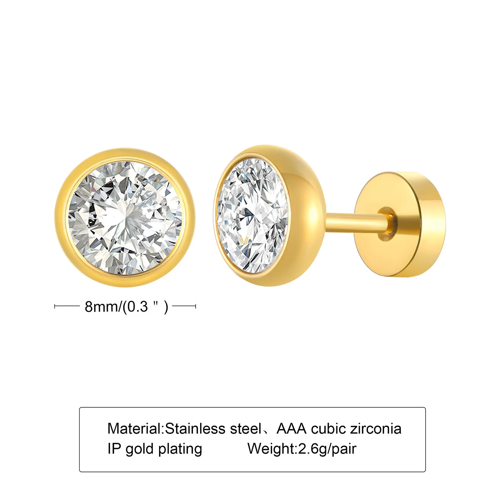 Round Bezel Set Cubic Zirconia Stud Earrings For Women Men Gift 8mm