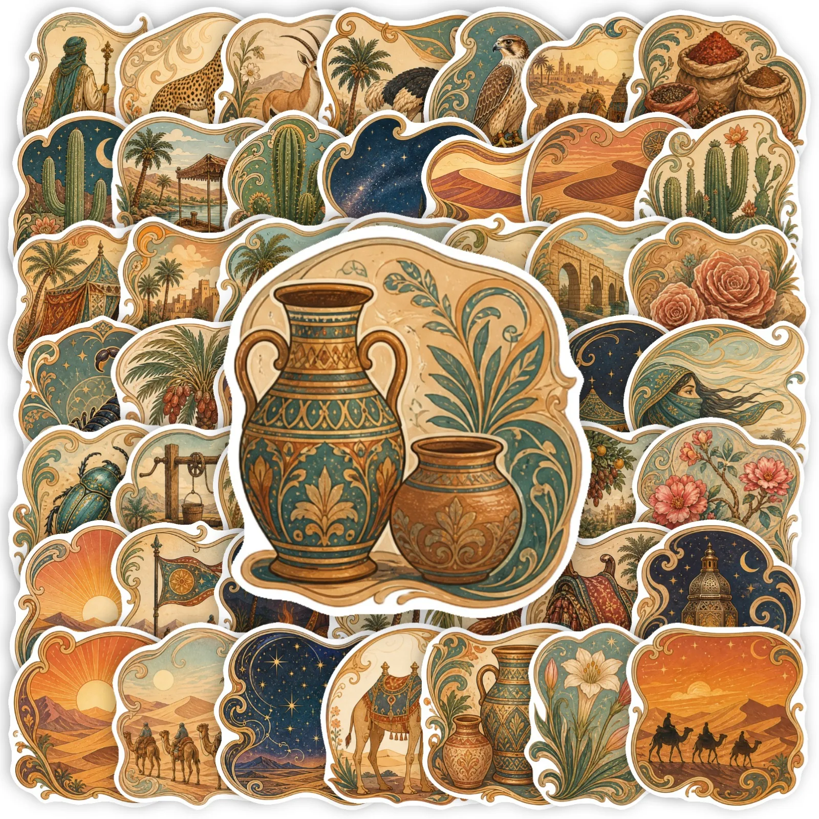 10/30/50PCS Vintage Arabian Desert Stickers Aesthetic Camel Cactus Oasis Wild Animal Decal Travel Laptop Middle Eastern Boho Art