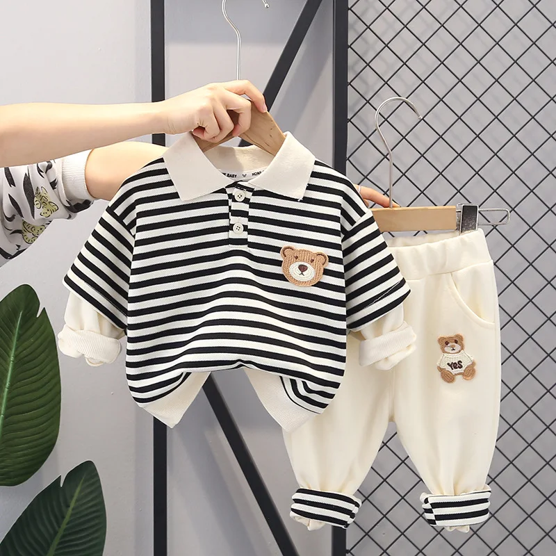 Boys Spring/Autumn Fashion Fake 2Piece Polo Shirt Set Children\'s Cartoon Bear Top+Pants 2-Piece Kids Stripe Tracksuit 9M-5 Years