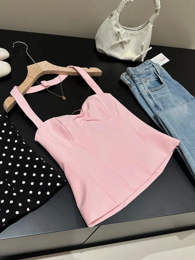 Sexy Slim Fit Backless Vest Top Women's Summer Fashion Polyester Fiber Hanging Neck Collar Versatile Strapless Hot Girl Style