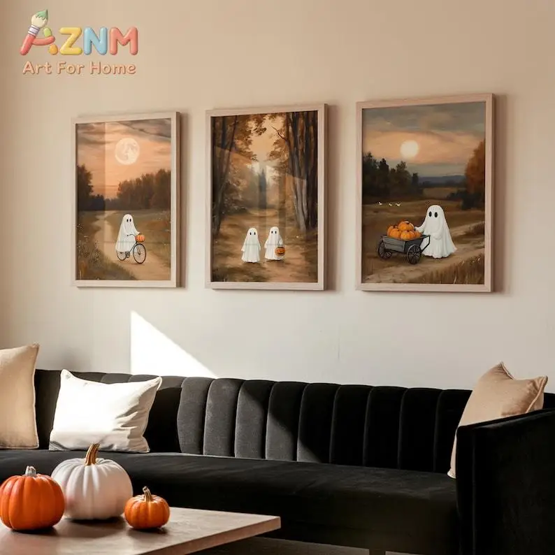 AZNM Cute Countryside Ghost Pumpkin Bike Scenery Canvas Wall Art, Retro Spooky Halloween Frameless Canvas Print Poster for Farmh