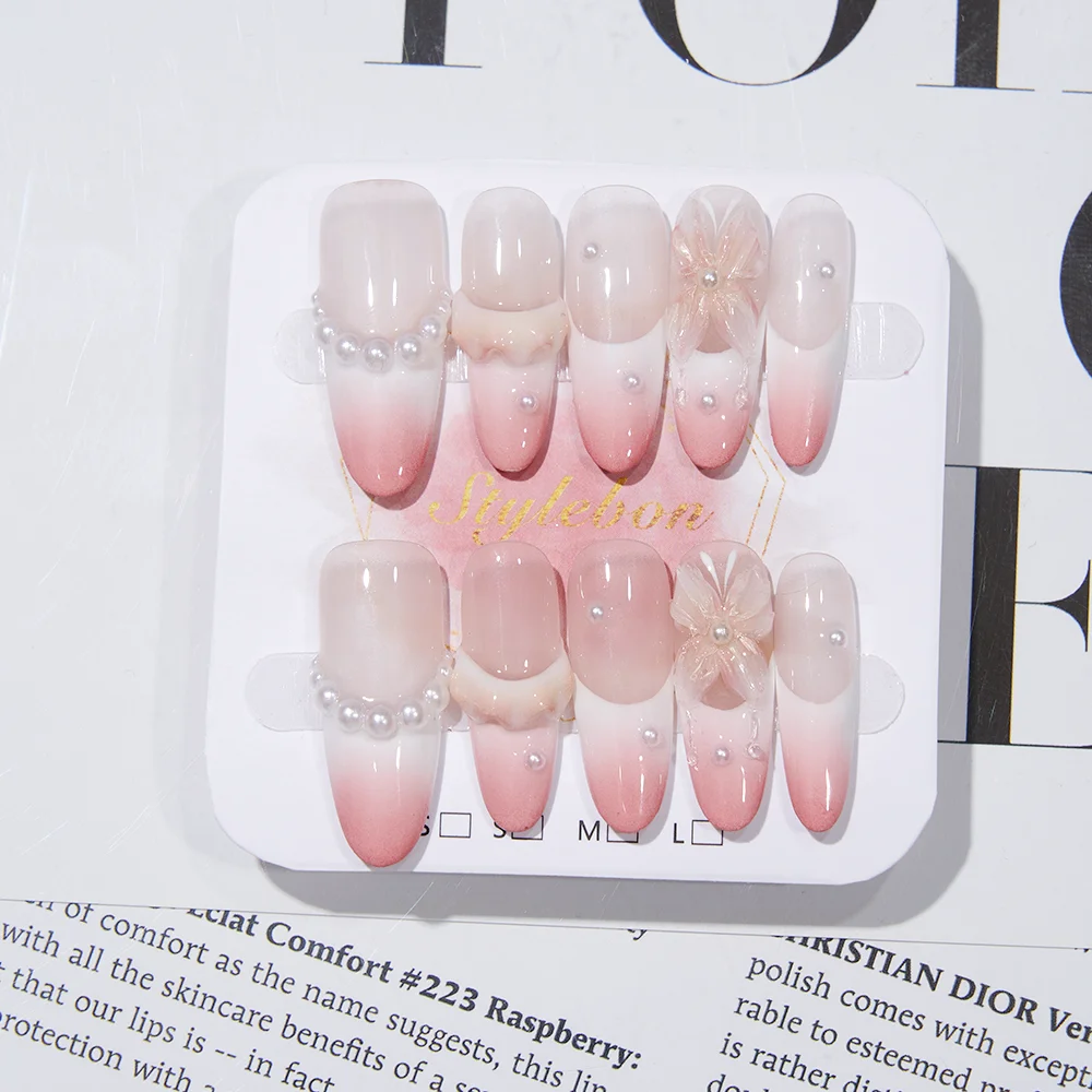 

10pcs Handmade Press on Nails French Skirt Shaped Ice Sculpture Butterfly Fake Nail for Women&Girl Removable Wearable Nail Art