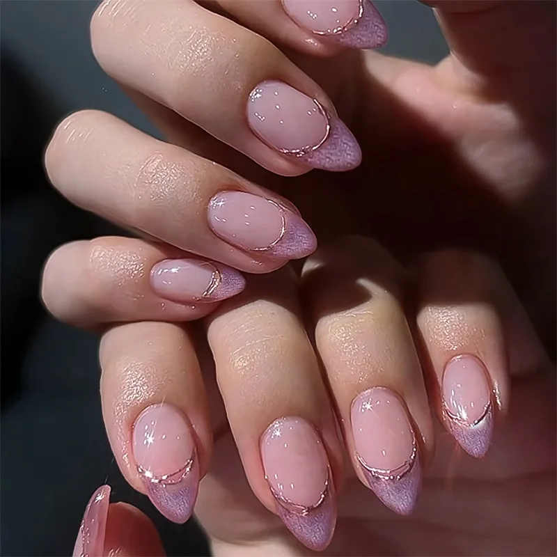 Faux ongles en amande, couleur bleu-violet, avec poudre scintillante, portables, faits à la main, manucure, 24 pièces