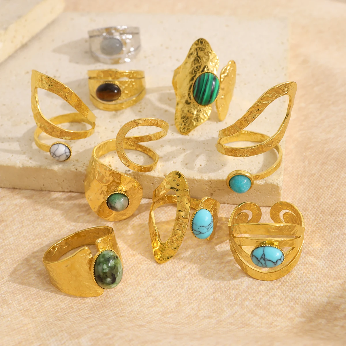 

WILD & FREE Vintage Luxury Stainless Steel Rings for Women Irregular Chic Natural Stone Charm 18K Gold Plated Jewelry