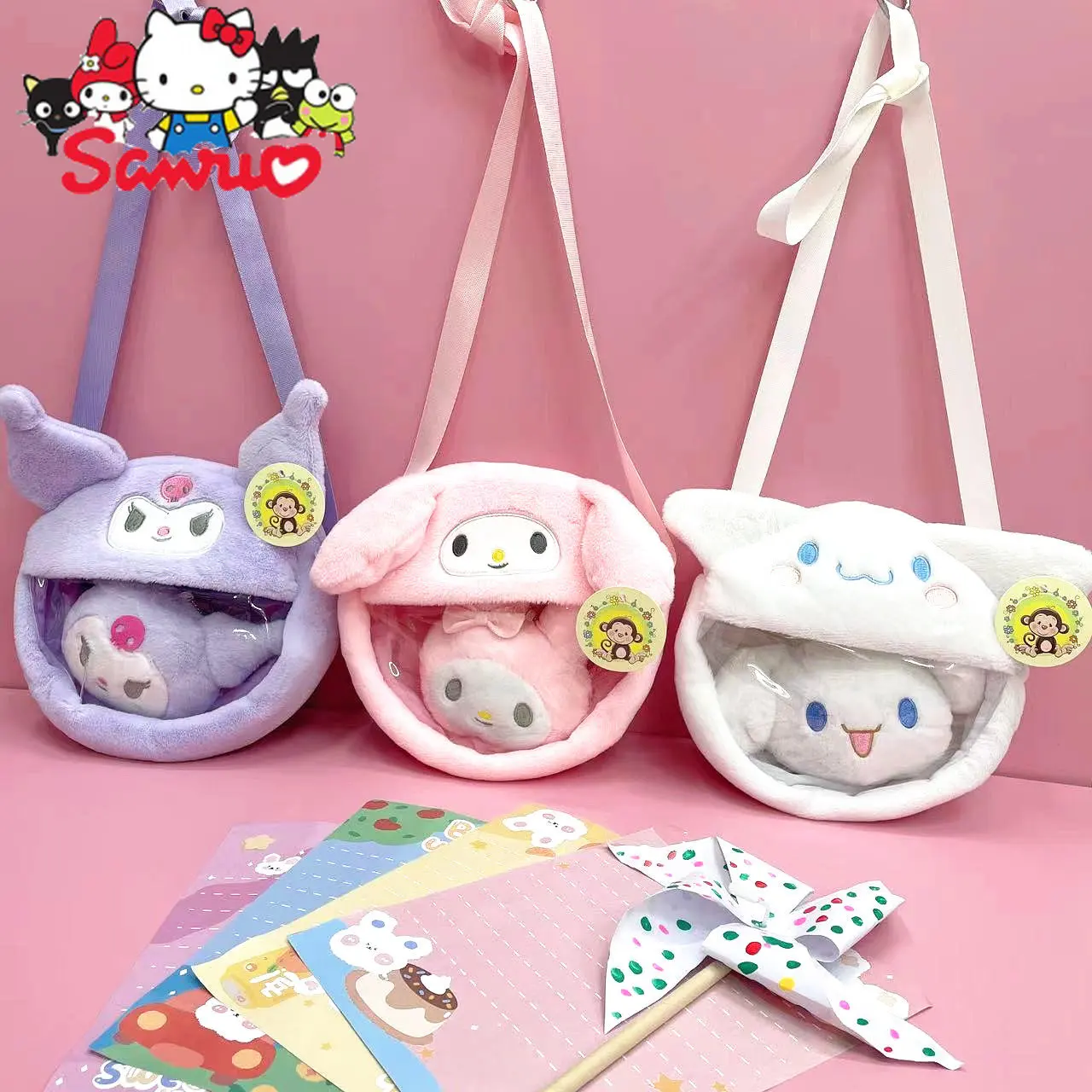 Sanrio Kuromi Melody Cinnamoroll Kirby Diagonal Bag Japanese Cartoon 20CM Plush Toy Cartoon Doll Crossbody Soft Toy for Children