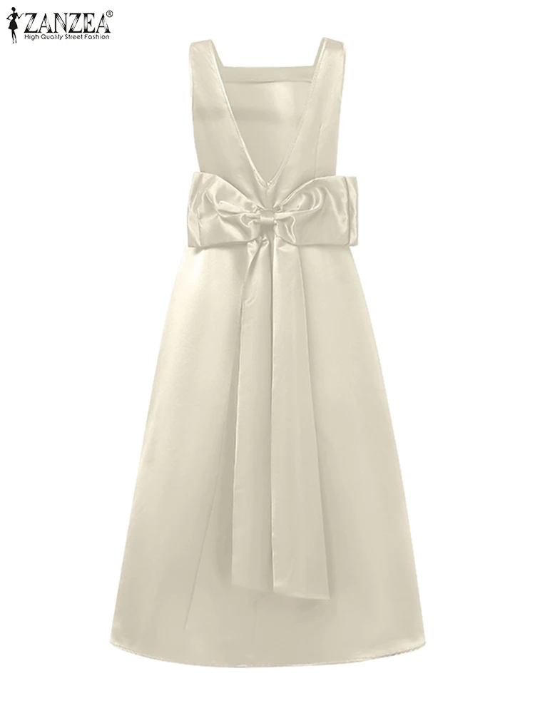 فستان ZANZEA أنيق طويل بدون أكمام للنساء فستان صيفي موضة 2025 بدون أكمام من الحرير الساتان فيستدو بفيونكة خلفية مثير للحفلات المسائية #6
